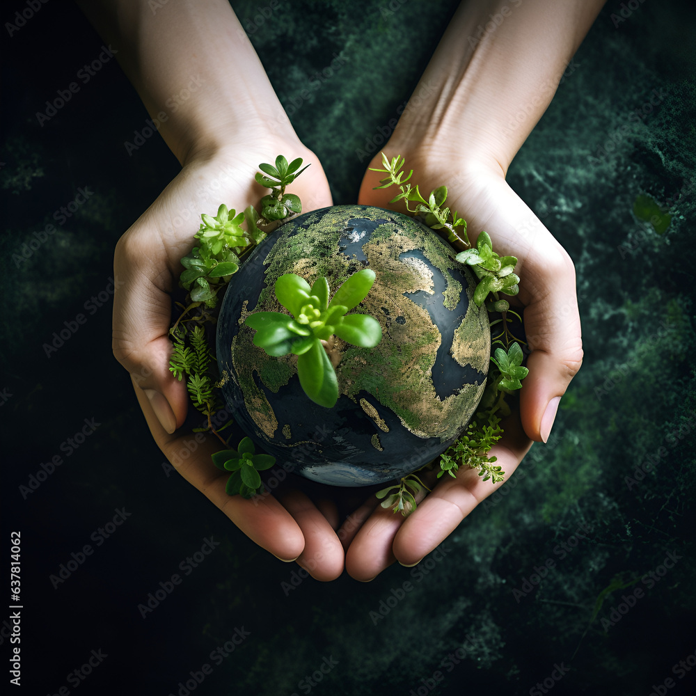 hands holding a globe wich is green and has plants around it, created ...