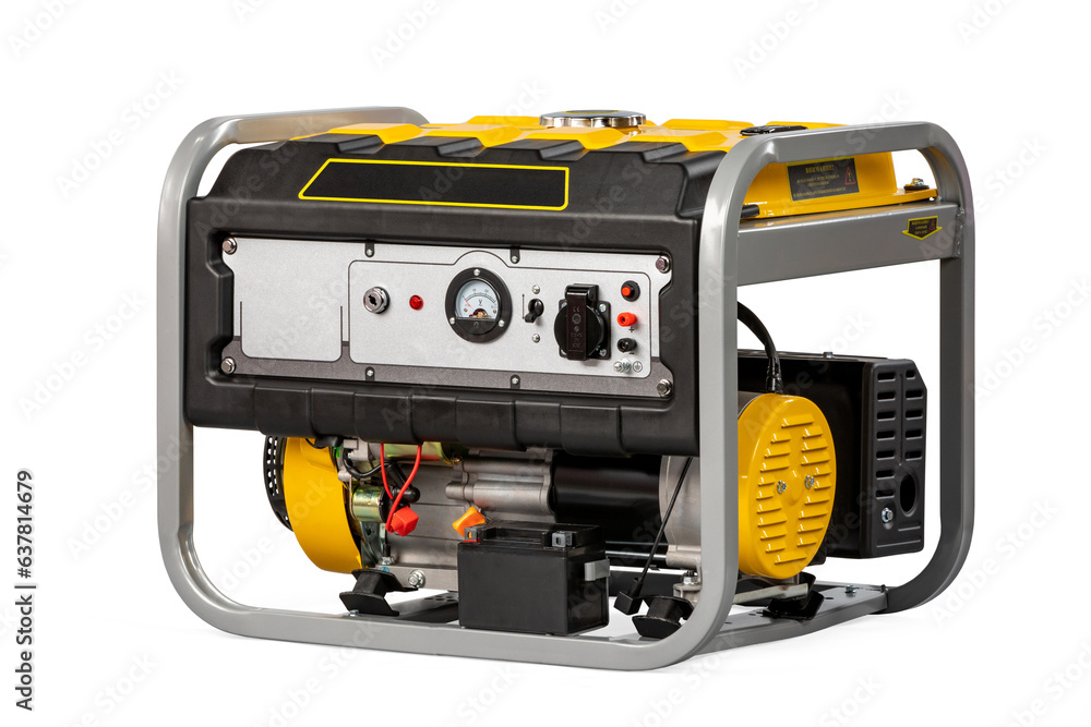 Portable yellow electric generator isolated on white for backup energy Portable yellow electric generator isolated on white for backup energy