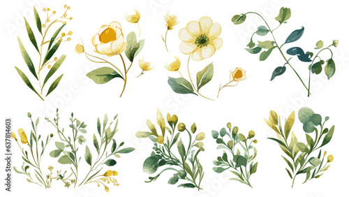 Floral and leaf card. watercolor set design. For banners, posters, invitations, Watercolor flora green & gold leaf branches collection floral pattern. 