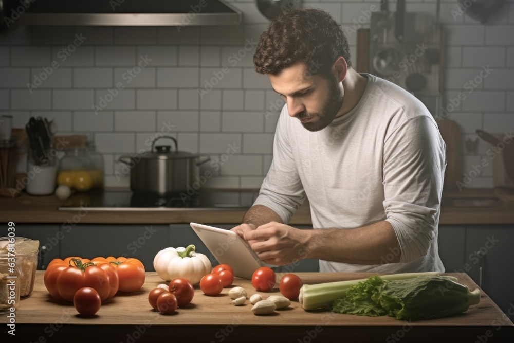Fototapeta premium A man watching a cooking tutorial on his tablet while preparing a meal
