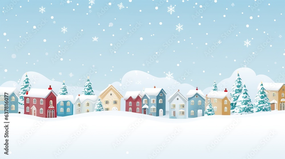 Winter city in retro style. Christmas background with houses, Christmas tree, snowman. Cozy town in a flat style with lettering merry Christmas.