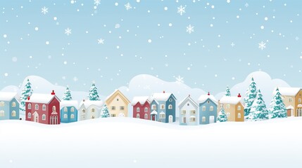 Winter city in retro style. Christmas background with houses, Christmas tree, snowman. Cozy town in a flat style with lettering merry Christmas.