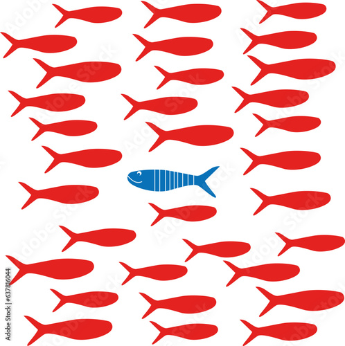 red fishies swimming and one fish blue in the center swimming in the opposite way