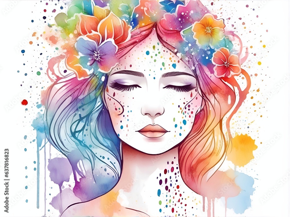 Obraz premium Beautiful woman watercolor portrait. AI generated illustration