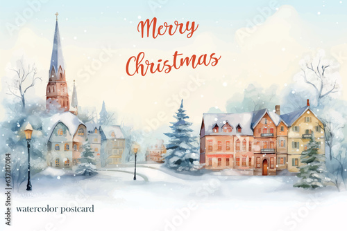 Christmas card with European village. watercolor style