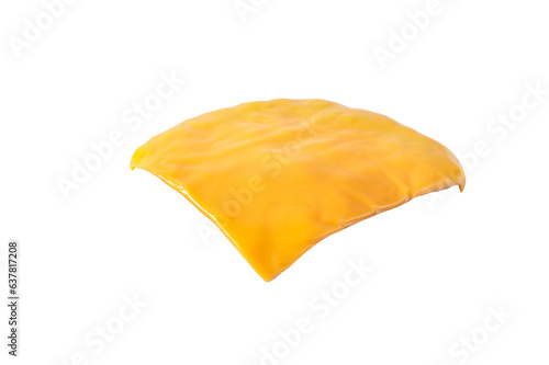 Slice of melted cheese for sandwich isolated transparent png. Cheddar cheese hamburger ingredient.
