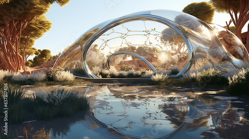 Fusion of glass  light and vegetation  almost transparent structure. Organic forms  soft curves  integrating into the landscape