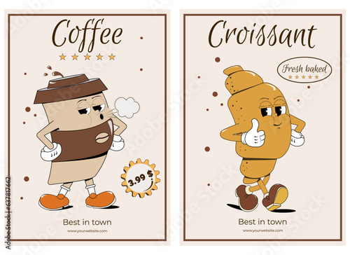 poster with a paper cup of coffee and a croissant in a trendy cartoon retro style. Vintage signboard, restaurant, bar, cafe menu. Comic mascots: coffee and croissant. Vector illustration, eps10.
