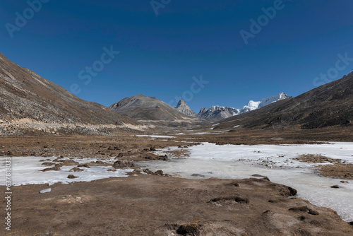 Yumesamdong, a scenic high-altitude valley in North Sikkim, famous for its snow-capped peaks and natural beauty. photo