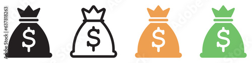 Money bag icon set. Dollar money with sack. Symbols money bag or stash, coin sack sign, business, banking, vector.