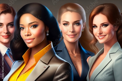 Group of 4 Cute Business Executive Women. Portrait, group and business women smile standing in suits with jewellery and golden hairs. Successful group of Russian Girls posing.