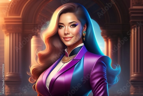 Beautiful Business Executive Woman in a purple suit dress with jewellery and golden hairs