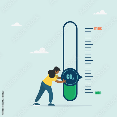 Girl turns the sensor needle to the lowest level of CO2. New energy for energy and transport. Zero release. Vector illustration in flat style