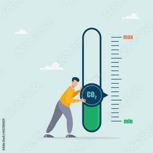 Guy turns the sensor arrow pointer to the lowest level of CO2. New energy for energy and transport. Zero release. Vector illustration in flat style
