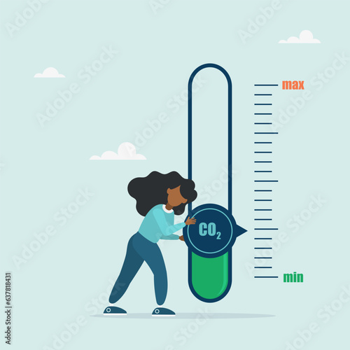 Girl turns the sensor needle to the lowest level of CO2. New energy for energy and transport. Zero release. Vector illustration in flat style