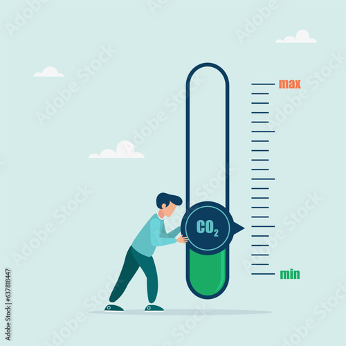 Guy turns the sensor arrow pointer to the lowest level of CO2. New energy for energy and transport. Zero release. Vector illustration in flat style