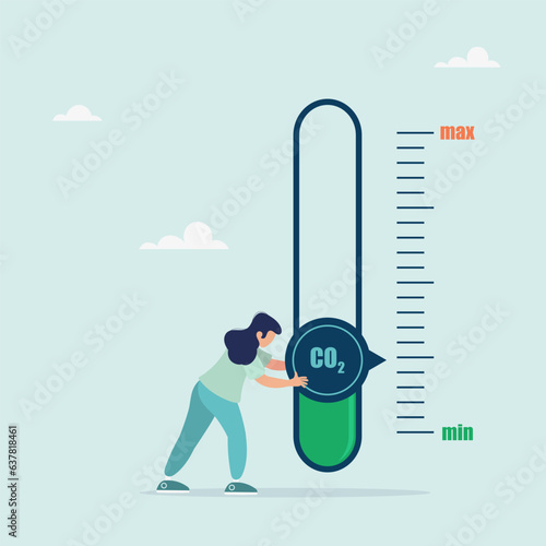 Girl turns the sensor needle to the lowest level of CO2. New energy for energy and transport. Zero release. Vector illustration in flat style