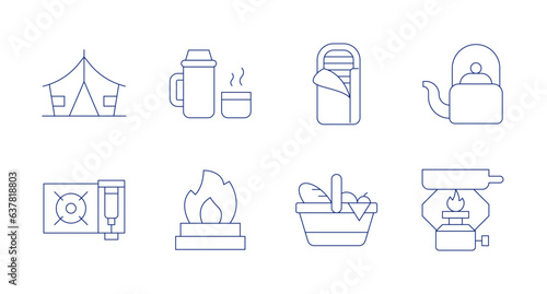 Camping icons. editable stroke. Containing tent, thermo flask, sleeping bag, kettle, portable, bonfire, picnic basket, cooking.