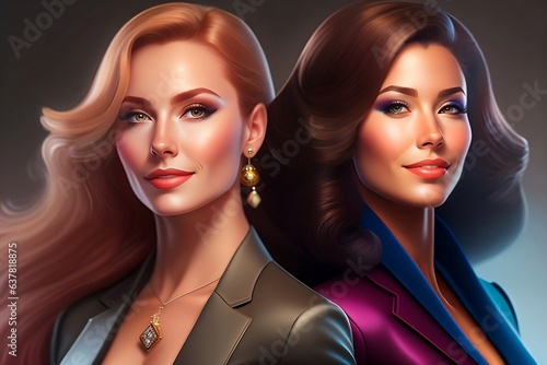 Successful two cute Business Executive Women standing back to back with arms crossed and smiling at the camera with golden hairs and Jewellery