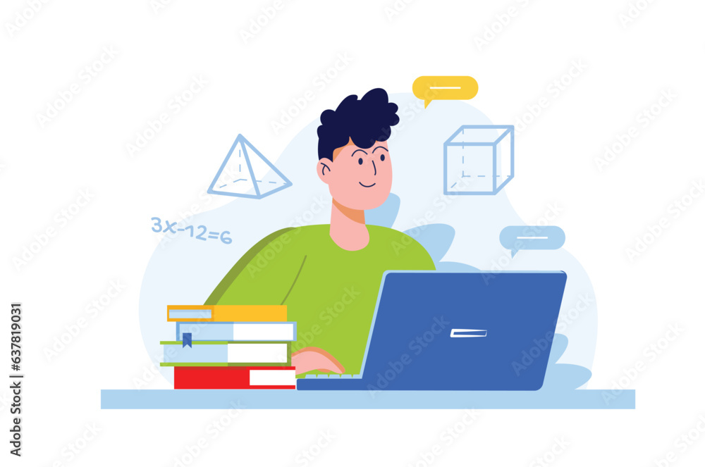 Doing homework concept with people scene in the flat cartoon design. The student diligently does homework in mathematics and geometry in order to get a good grade in school. Vector illustration.