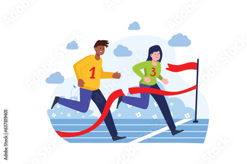 Sport olympiad concept with people scene in the flat cartoon style. Students participate in school running sports competitions. Vector illustration.