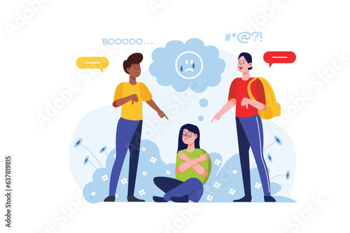 Bulling at school concept with people scene in the flat cartoon design. Students insult the unfortunate girl and make fun of her at school. Vector illustration.