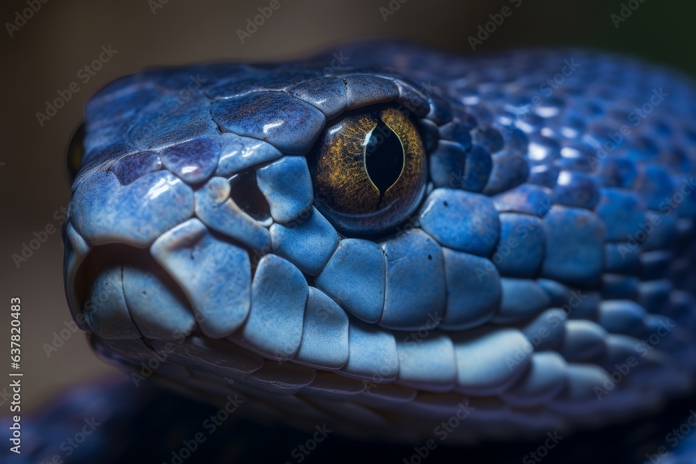 A close-up view of a vibrant blue snake's head A close-up view of a vibrant blue snake's head