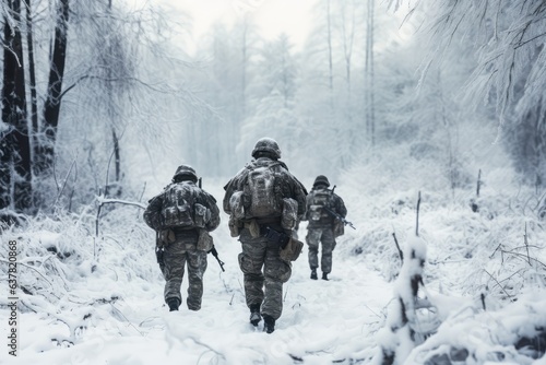Group of infantry soldiers in uniforms walking over snow