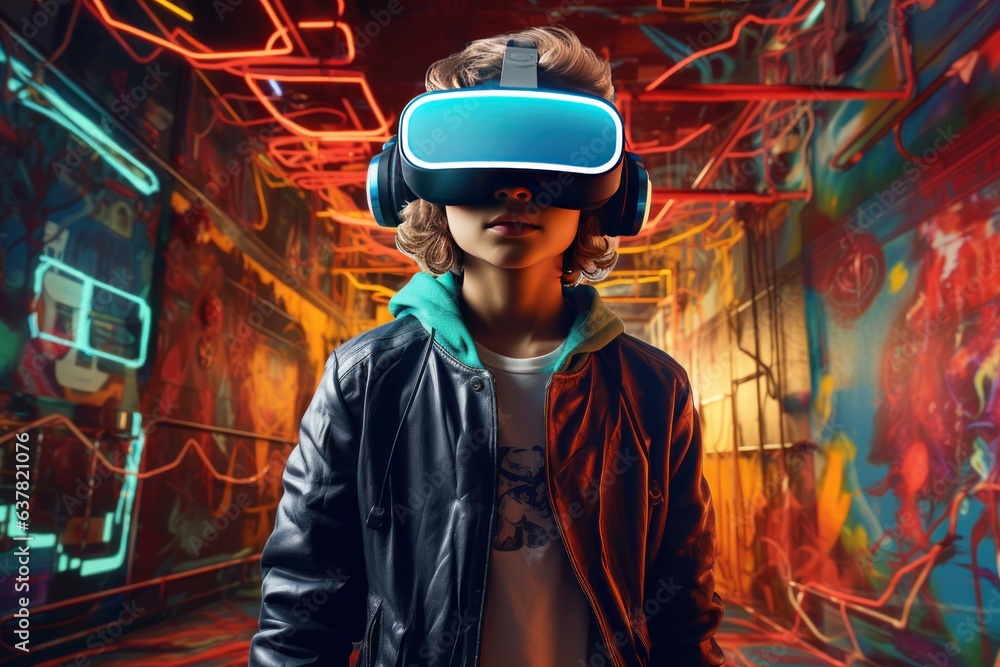 Young man wearing VR augmented reality goggles in futuristic corridor of virtual art gallery exhibition. NFT and metaverse concept.