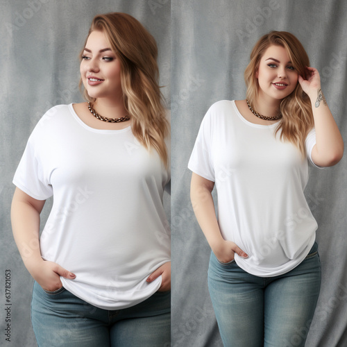 larger size female wearing white t-shirt for mock up