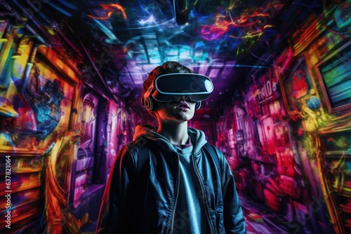 Young man wearing VR augmented reality goggles in futuristic corridor of virtual art gallery exhibition. NFT and metaverse concept.