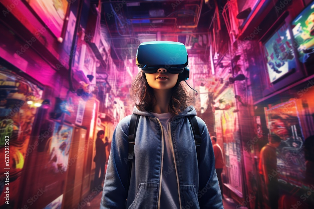 Young woman wearing VR augmented reality goggles in futuristic corridor of virtual art gallery exhibition. NFT and metaverse concept.