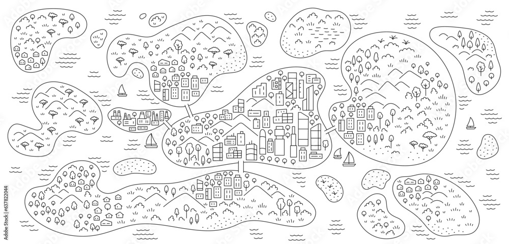 City on the island map. Editable outline sketch. Vector line ...