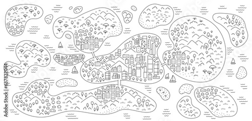 City on the island map. Editable outline sketch. Vector line illustration.