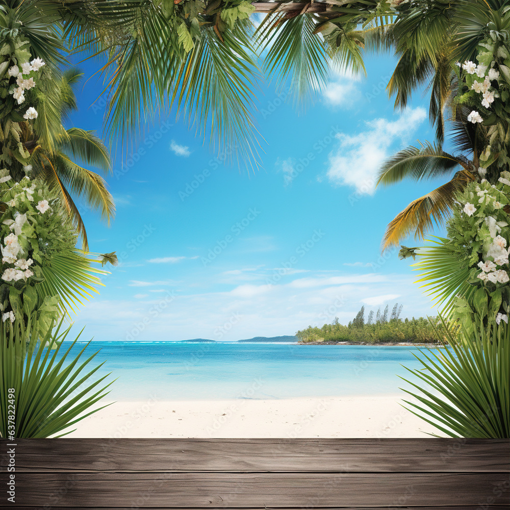  backdrop of palm trees, coconuts, and a sandy beach to evoke a sense of a tropical escape