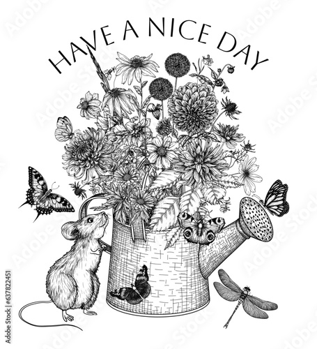 Vector illustration of an autumn bouquet in a watering can surrounded by butterflies and mice. Dahlia, cosmos, zinnia, marigold, calendula, rudbeckia, gladiolus, datura, eryngium, allium