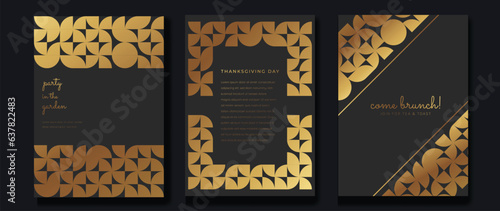 Luxury gala invitation card background vector. Golden elegant wavy gold line pattern on black background. Premium design illustration for wedding and vip cover template, grand opening.