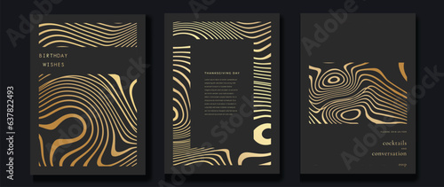 Luxury gala invitation card background vector. Golden elegant wavy gold line pattern on black background. Premium design illustration for wedding and vip cover template, grand opening.