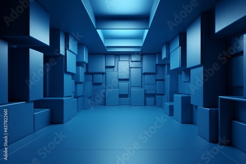 An empty room with blue walls and floor