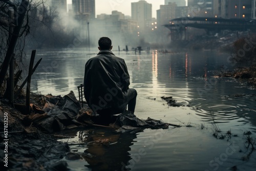 Man sits city river place. Generate Ai