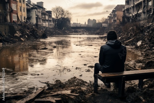 Man sits bench city dirty river. Generate Ai