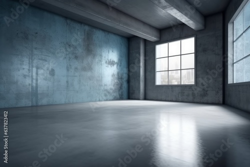 An empty room with windows and concrete walls