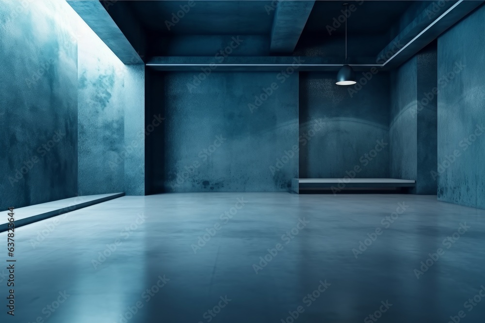 An empty room with blue walls and a bench