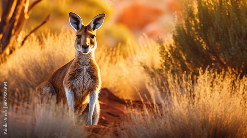 Kangaroo in the open field on a golden sunset in Australia. 