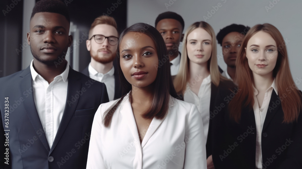 Multiracial diverse business team headed with boss posing to camera. Smiling businesspeople in office. Business concept. Multiracial diverse business team headed with boss posing to camera. Smiling businesspeople in office. Business concept.