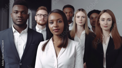 Multiracial diverse business team headed with boss posing to camera. Smiling businesspeople in office. Business concept.