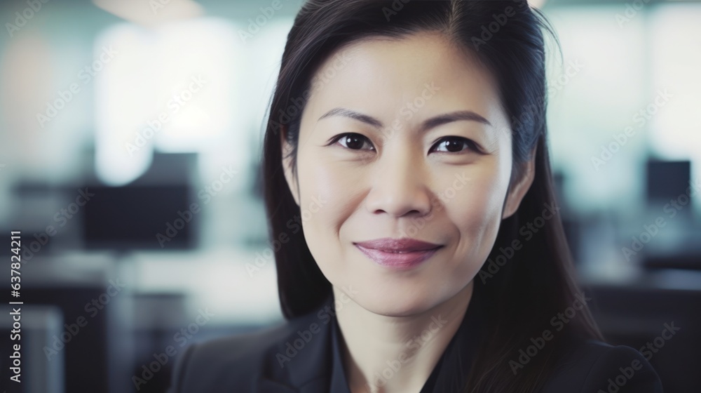Naklejka premium Senior Asian businesswoman working in modern office. Corporate worker smiling while looking to the camera.