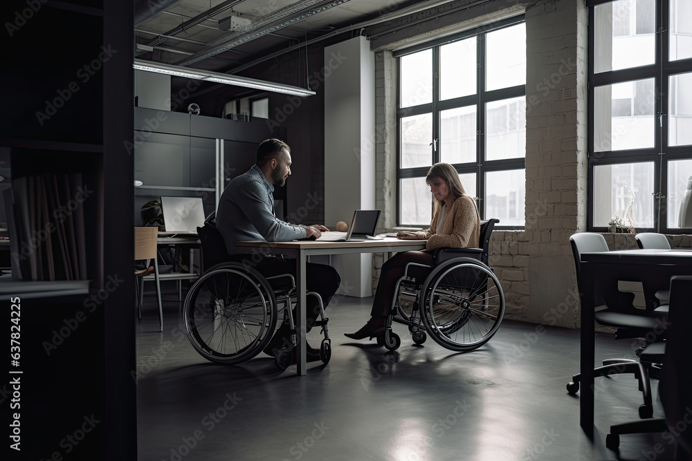 Inclusive corporate environment: a man and a woman with a disability in wheelchairs work in an office.
