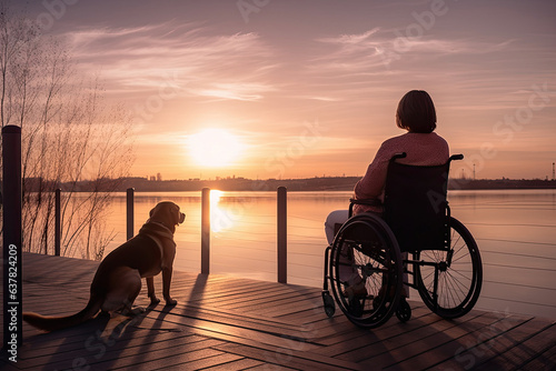 A woman in a wheelchair and a dog on a wooden deck overlooking the lake at sunset.