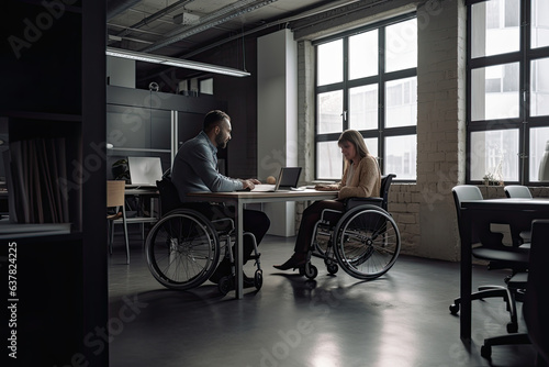 Inclusive corporate environment: a man and a woman with a disability in wheelchairs work in an office. © Iryna